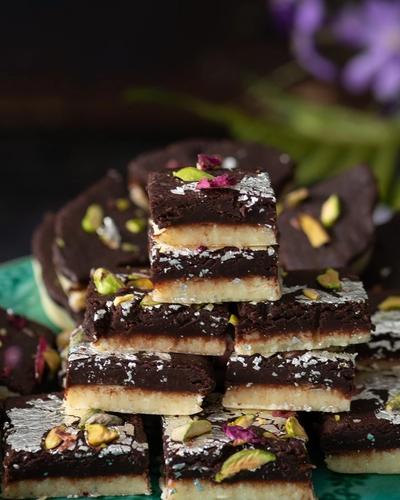 Close up view of a Stack of chocolate barfi
