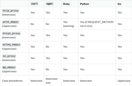 Proxy environment variables compatibility showing differences in proxy config implementations