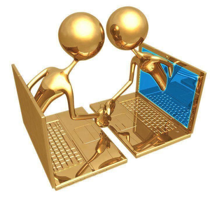 Two golden people shaking hands out of computer screens.