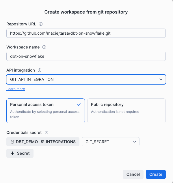 Snowflake User interface for creating a Workspace