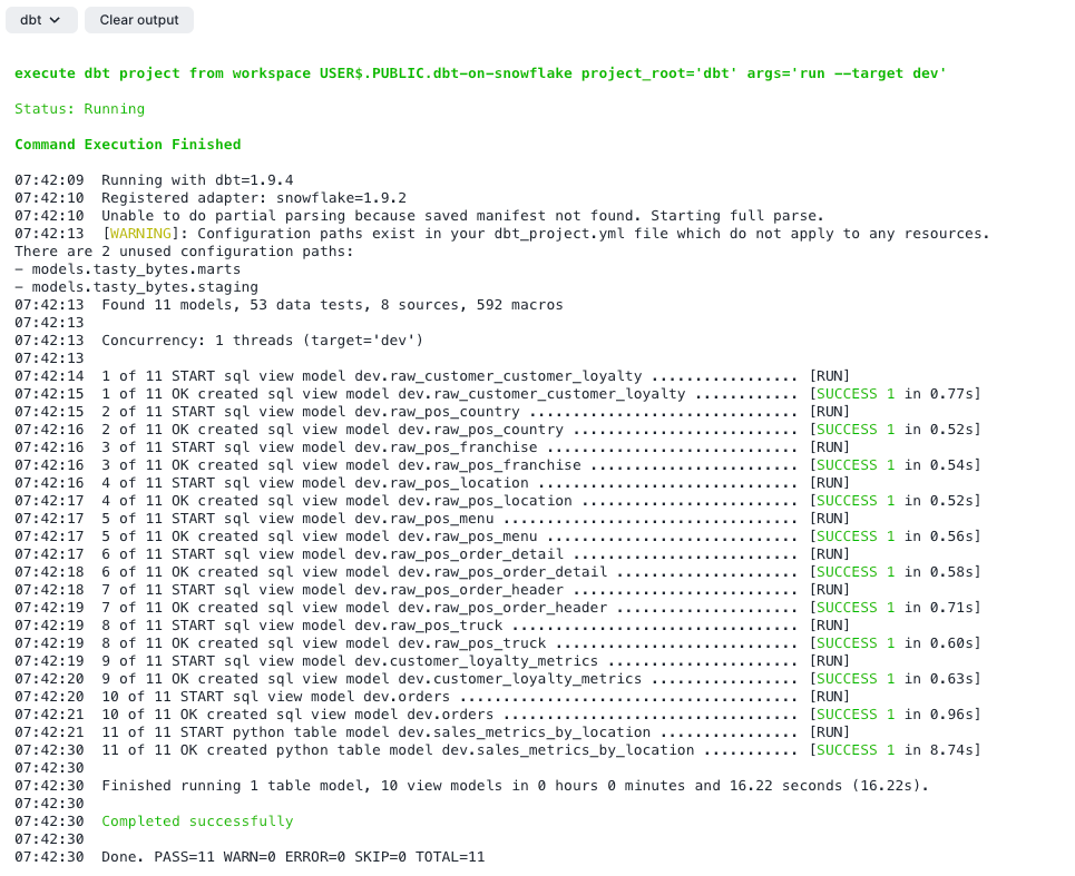dbt run output