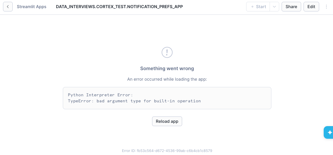 Initial Streamlit app error