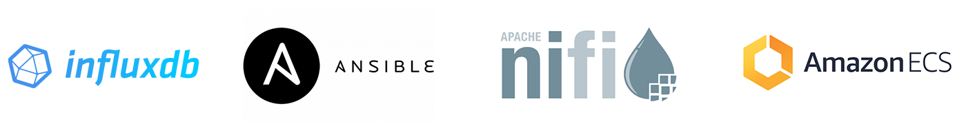 Logos for Influxdb, Ansible, Apache nifi and Amazon ECS