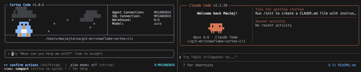 Side by side image of Snowflake Cortex Code CLI and Claude Code CLI