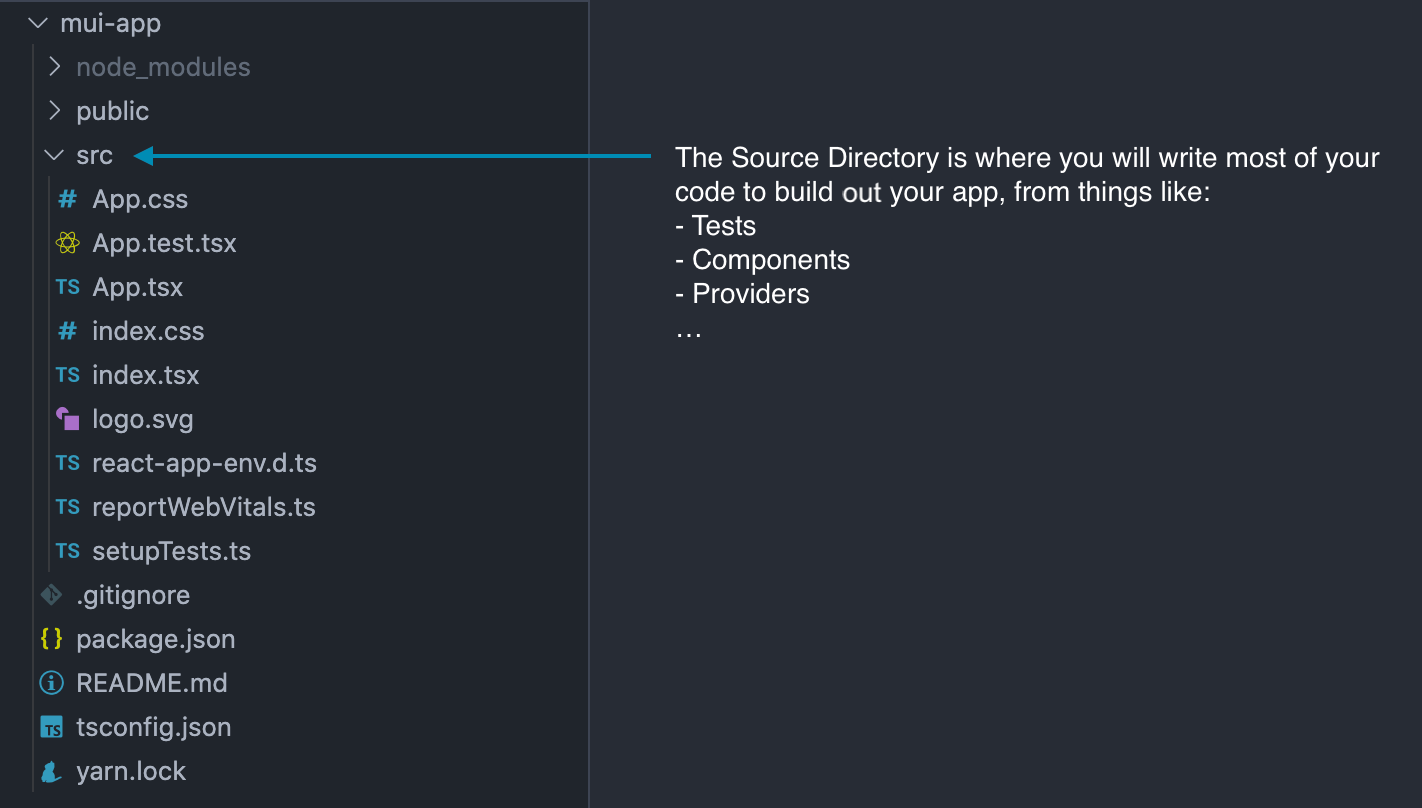 Source Folder Screenshot. The source directory is where you will write most of your code , containing things such as: Tests, Components, Providers etc...