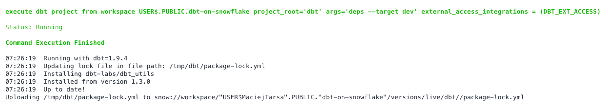 Output of running dbt deps