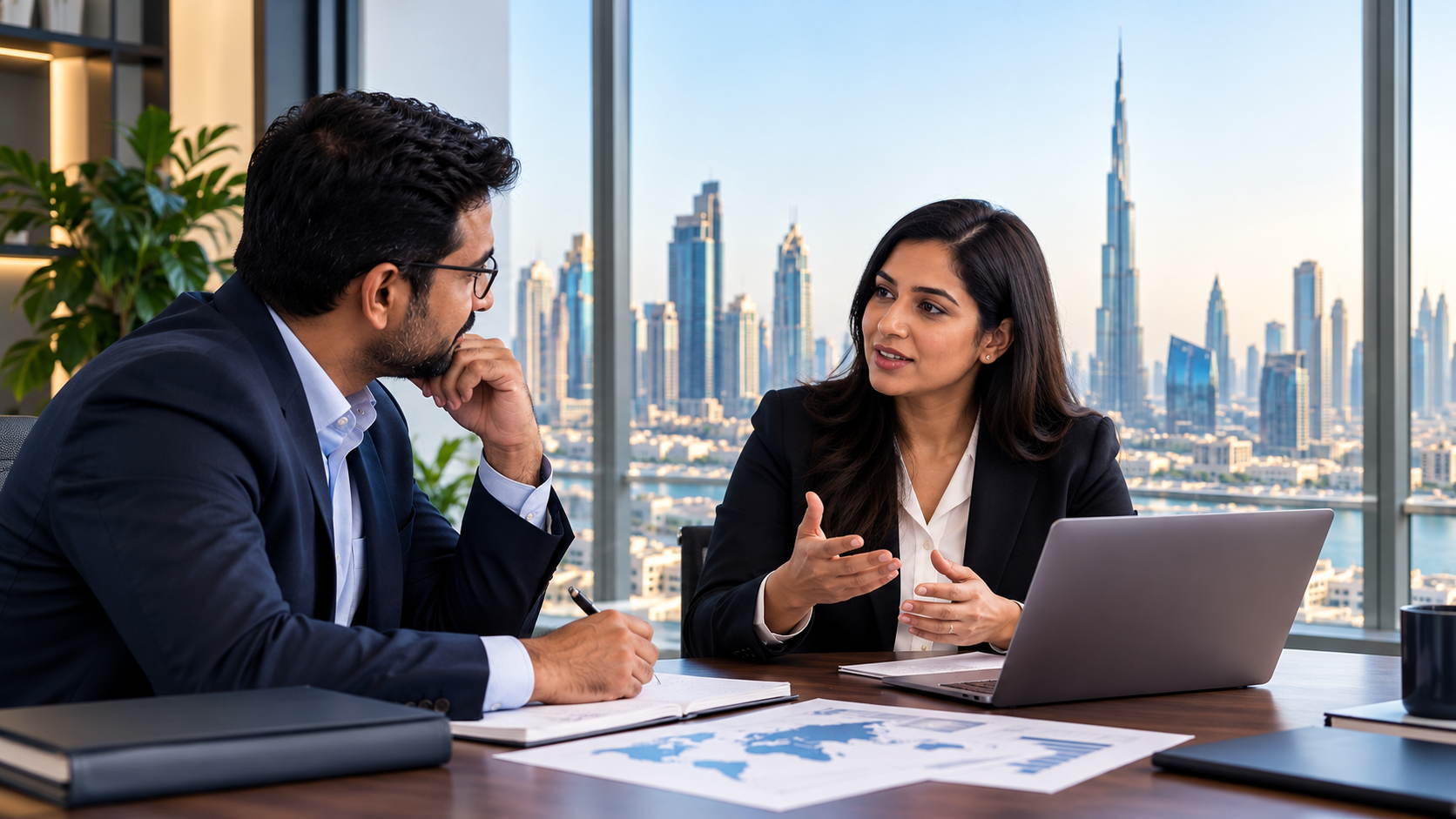 Indian entrepreneur discussing business setup in Dubai with a consultant, covering UAE company formation, Mainland and Free Zone options, licensing and international expansion.