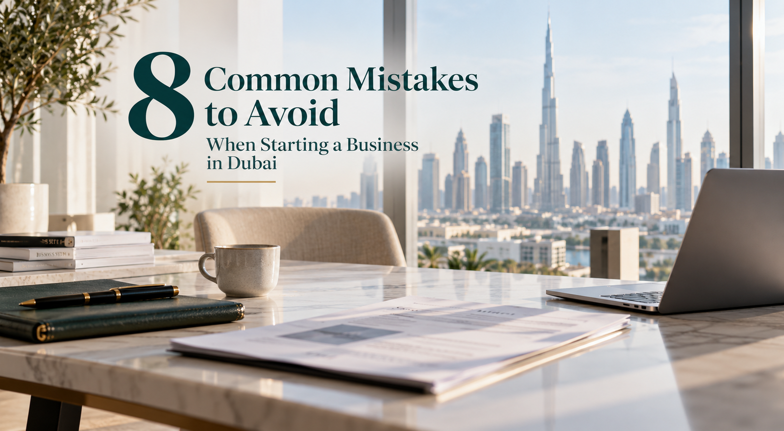 Dubai business planning workspace highlighting eight common mistakes to avoid when starting a business.