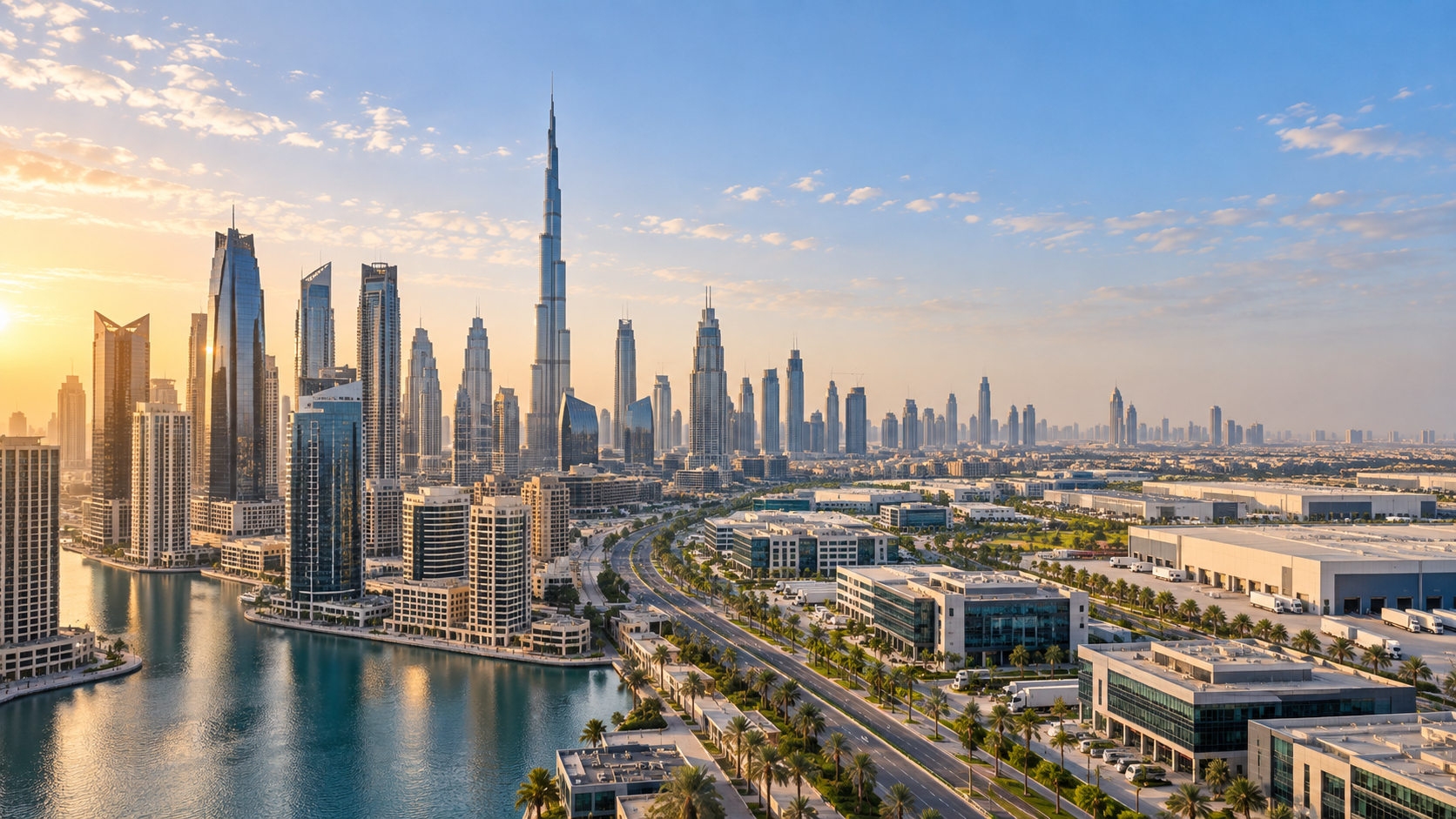 Dubai-inspired skyline with waterfront towers, modern offices and warehouses in golden light.Aerial view of Dubai's coastline and skyline, including the Burj Khalifa, representing the UAE business landscape.