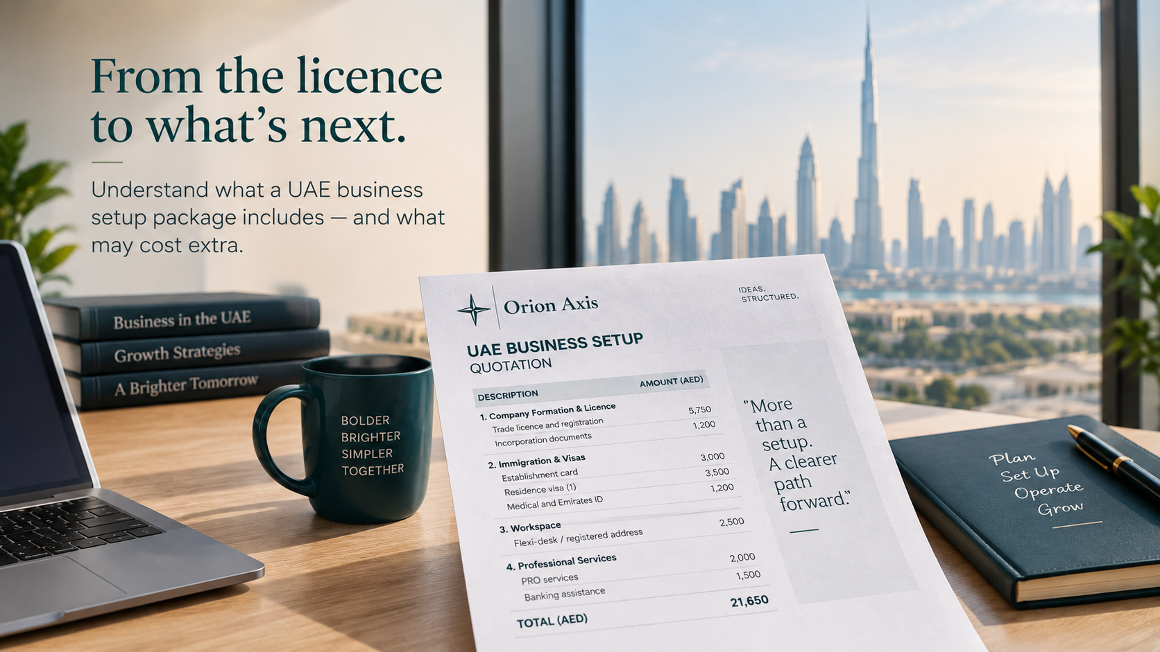 UAE business setup quotation on a desk with the Dubai skyline in the background