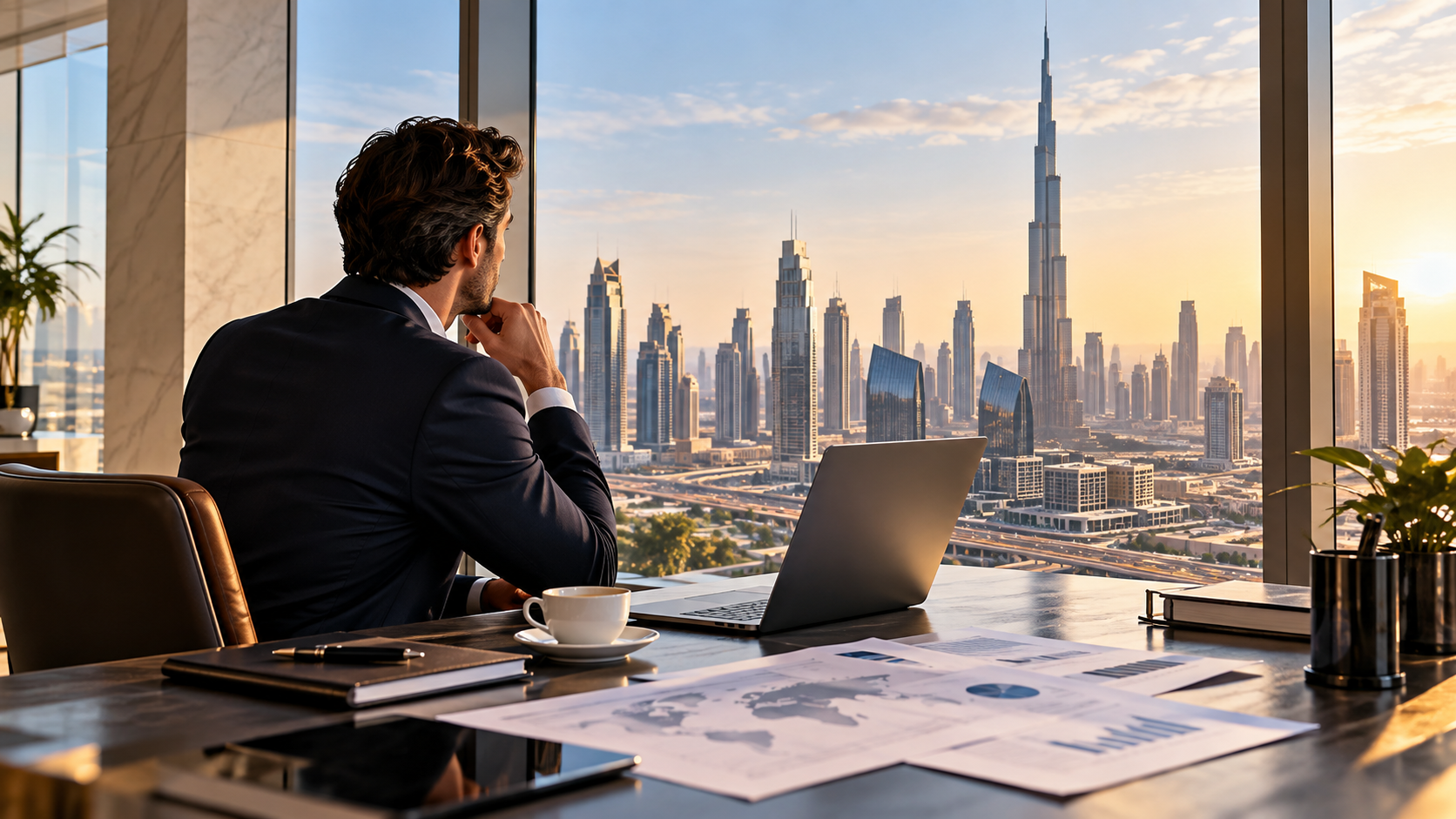 Entrepreneur reviewing business plans in a modern Dubai office overlooking the city skyline and Burj Khalifa.