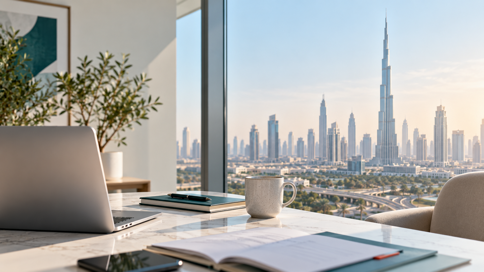 Business planning workspace overlooking the Dubai skyline