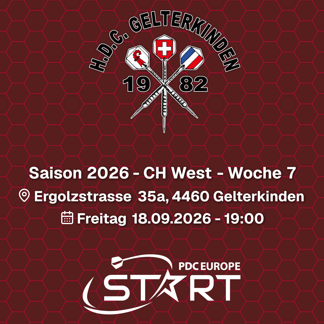 Lucky Number 7! 🎯 Die 7. Woche der PDC Europe START in Gelterkinden ist zum ersten Mal komplett ausverkauft. Ein volles Teilnehmerfeld und beste Voraussetzungen für einen spannenden Darts-Abend!
