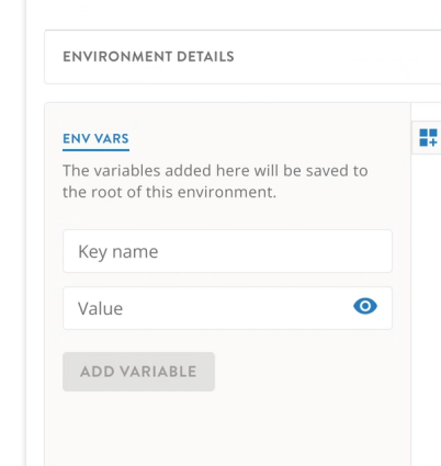 Environment variables panel for a template within DevZero