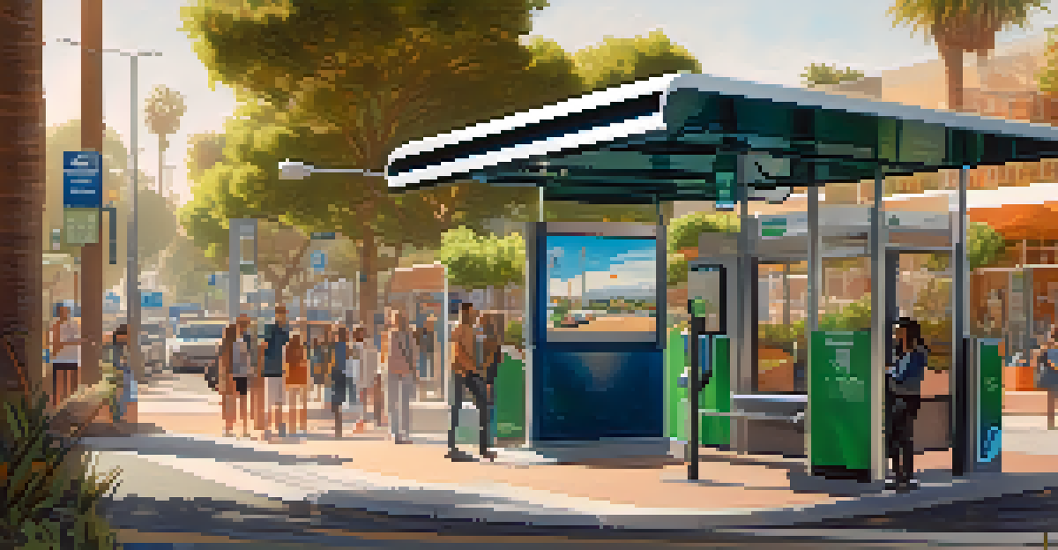 A modern electric bus at a Santa Monica bus stop with people waiting, surrounded by greenery and sustainability signs in the morning light.