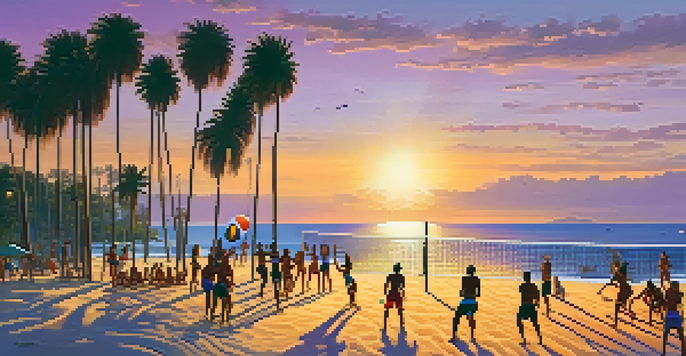 A diverse group of people playing beach volleyball at sunset, with palm trees and the ocean in the background.
