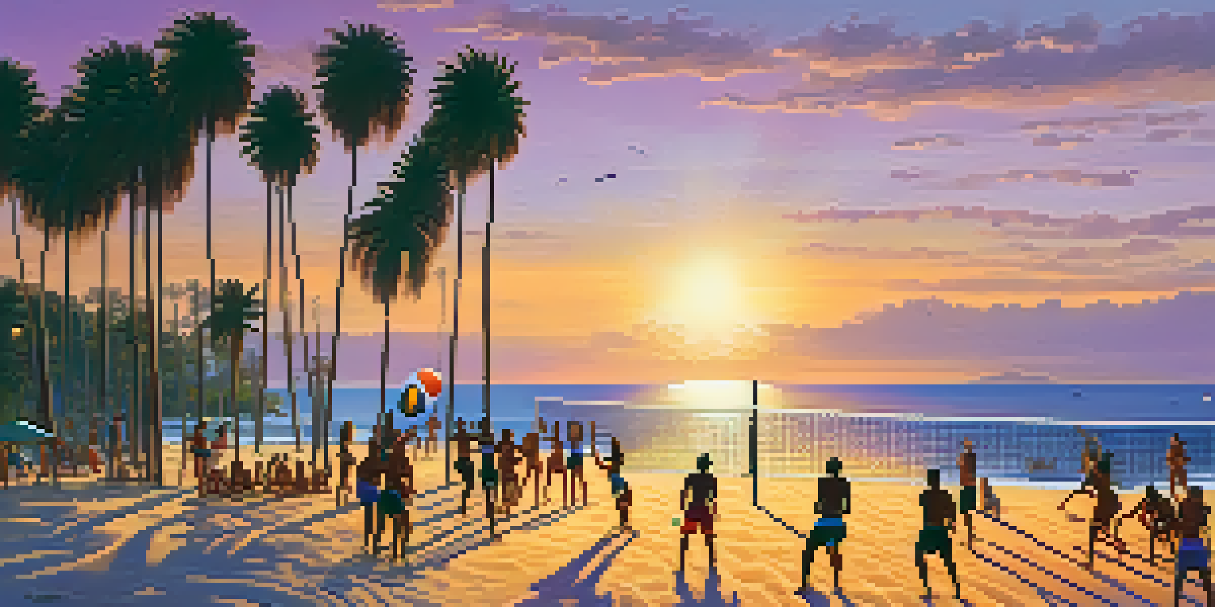 A diverse group of people playing beach volleyball at sunset, with palm trees and the ocean in the background.