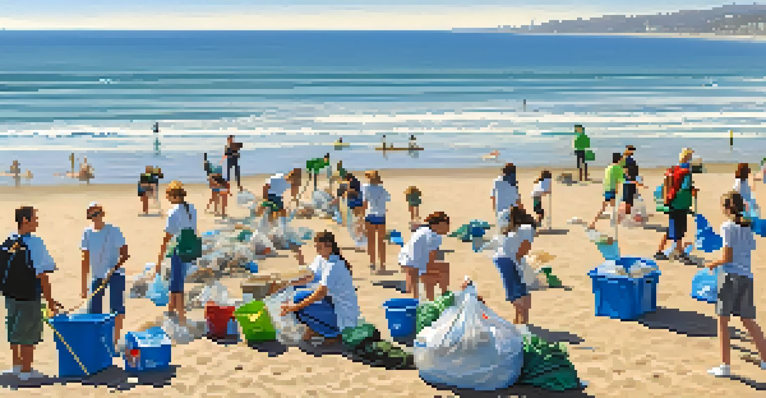 Volunteers participating in a beach cleanup in Santa Monica, collecting trash along the coastline with a beautiful ocean view.
