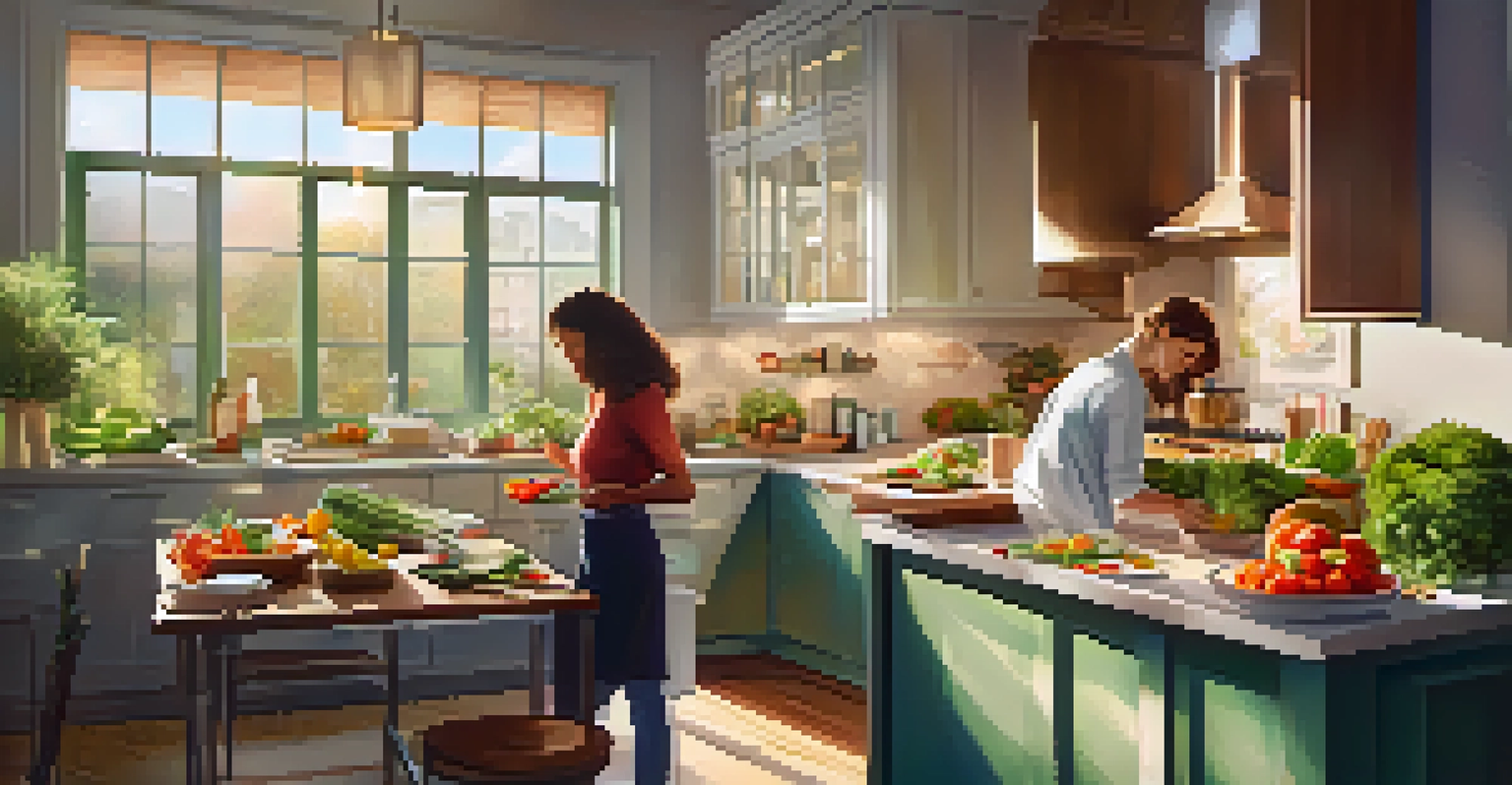 A kitchen scene with a health coach and client preparing healthy meals together.