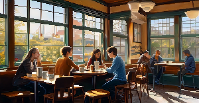 A mentor and a young person sit in a coffee shop, engaged in a conversation with warm lighting and a cozy atmosphere.