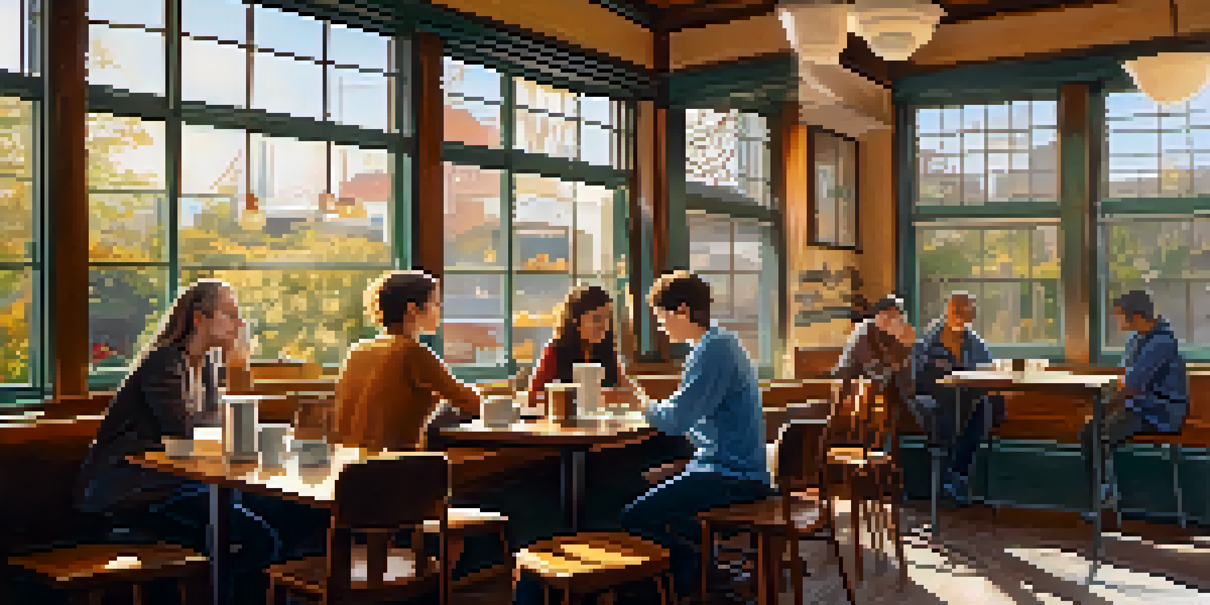 A mentor and a young person sit in a coffee shop, engaged in a conversation with warm lighting and a cozy atmosphere.