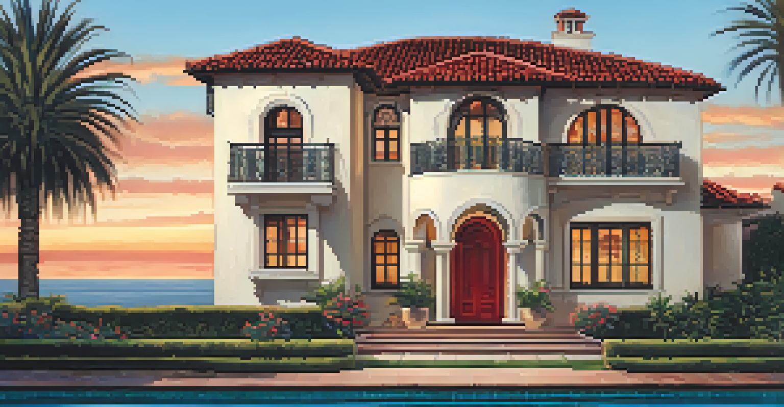 A stunning Spanish Revival home with a red tile roof and ocean views at sunset.