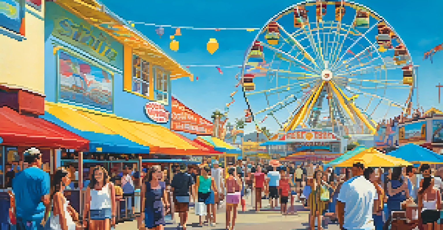 A lively scene at Santa Monica Pier with families enjoying rides, a Ferris wheel in the background, and street performers creating a festive atmosphere.