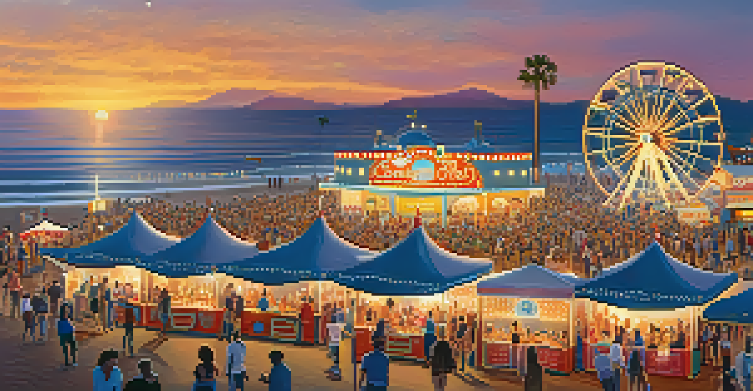A vibrant outdoor concert at Santa Monica Pier with people dancing and enjoying food, illuminated by colorful lights.