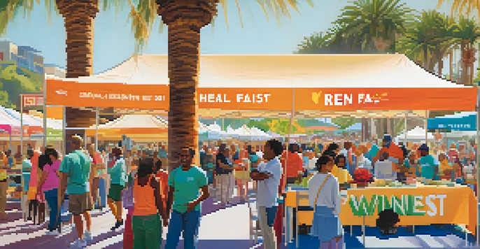 A lively community health fair in Santa Monica with diverse residents participating in health screenings and educational activities under sunny skies.