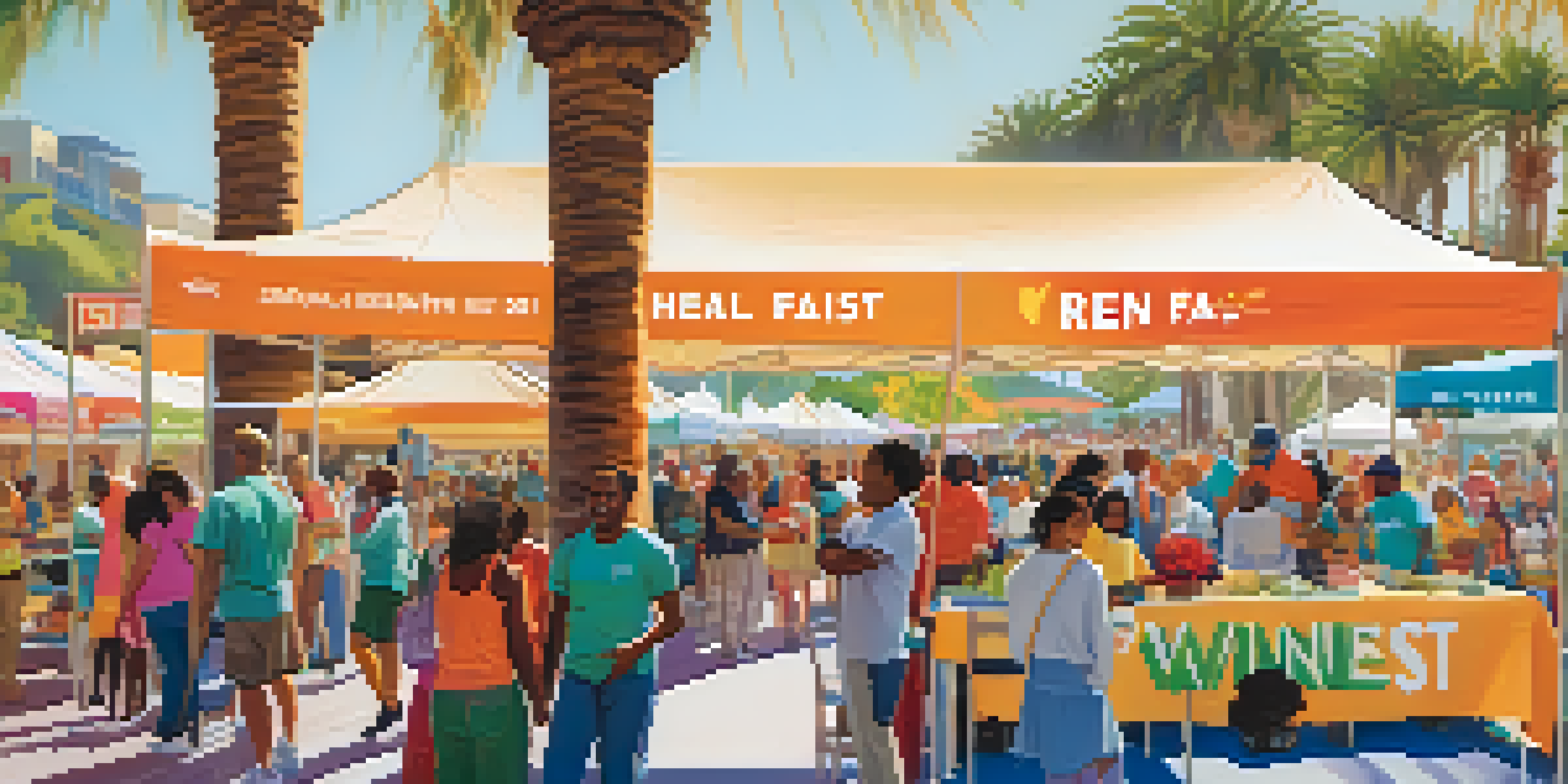 A lively community health fair in Santa Monica with diverse residents participating in health screenings and educational activities under sunny skies.