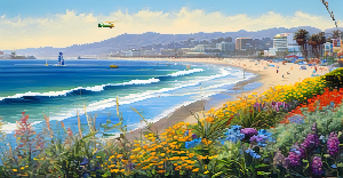 A sunny beach scene in Santa Monica featuring native plants, butterflies, and the Santa Monica Pier in the background.