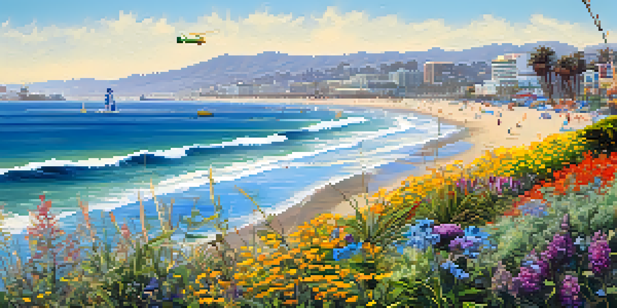 A sunny beach scene in Santa Monica featuring native plants, butterflies, and the Santa Monica Pier in the background.