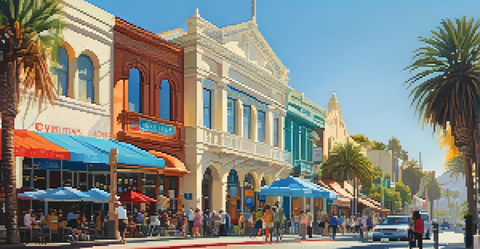 A busy street in Santa Monica featuring a historic building with detailed architecture, colorful banners, and diverse people talking under palm trees in warm afternoon light.