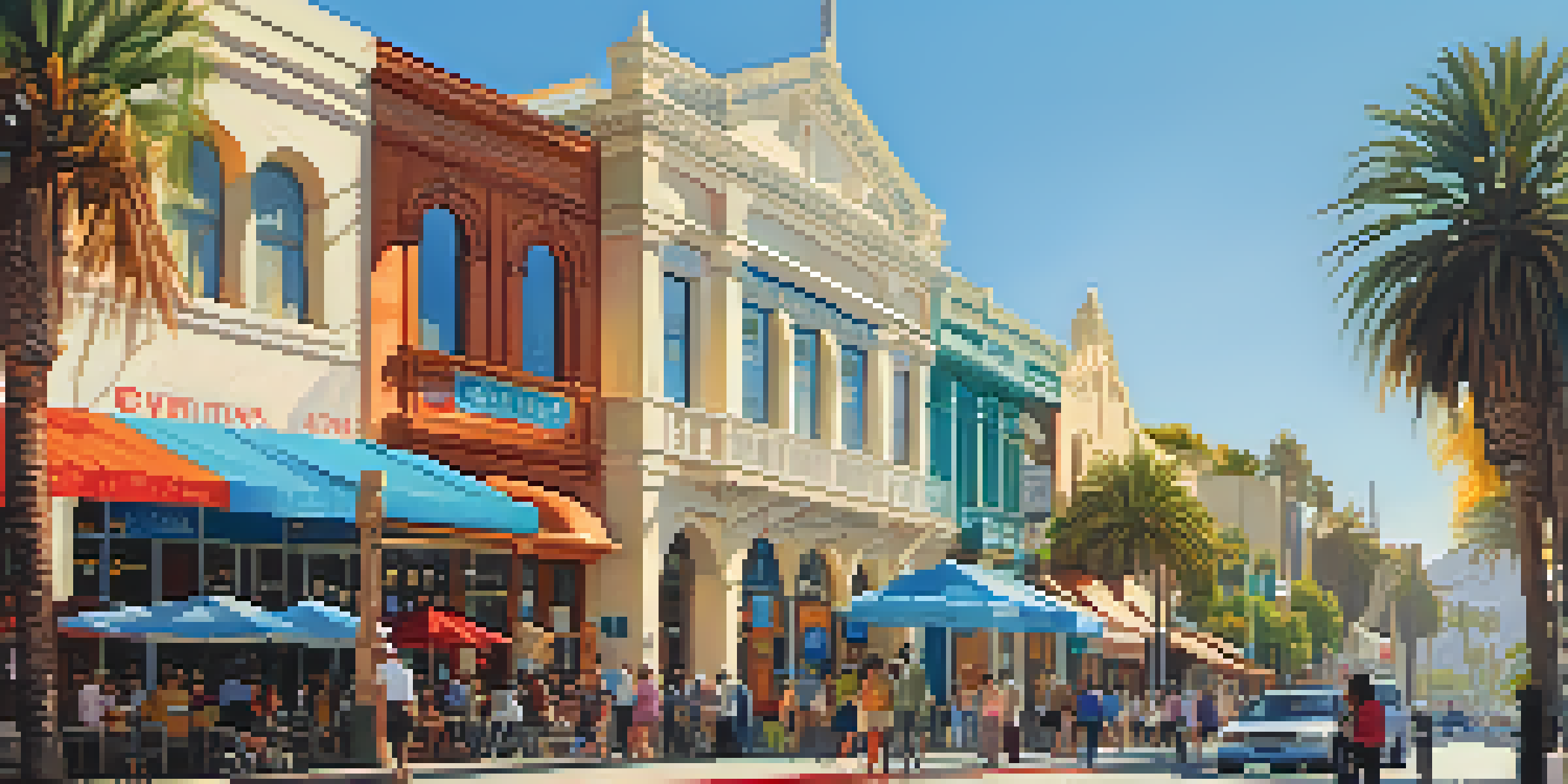 A busy street in Santa Monica featuring a historic building with detailed architecture, colorful banners, and diverse people talking under palm trees in warm afternoon light.