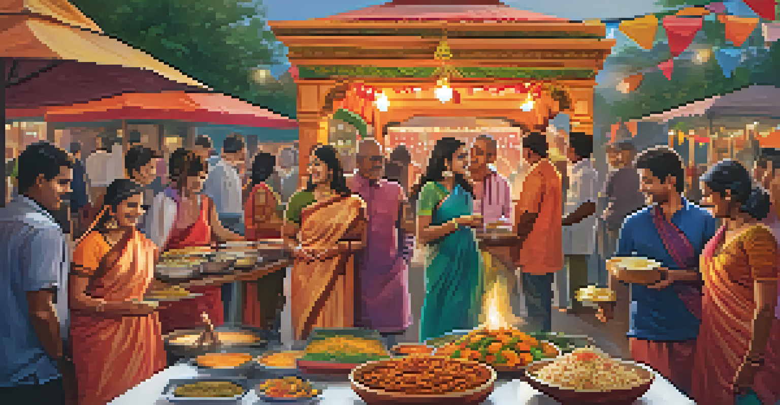 A vibrant cultural event showcasing Indian food with colorful decorations and people enjoying the atmosphere.