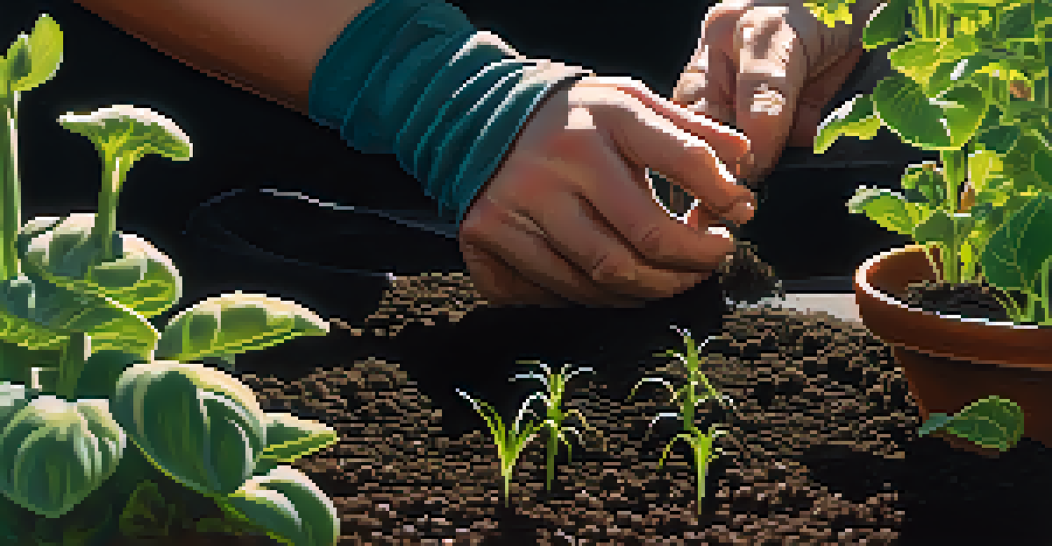 A close-up of hands planting seedlings in dark soil, with herbs and vegetables growing in the background.