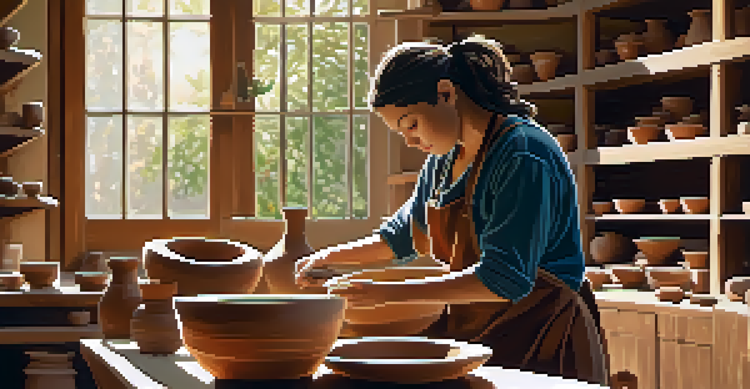 A focused ceramicist shaping clay on a potter's wheel in a bright studio filled with beautifully crafted pottery.