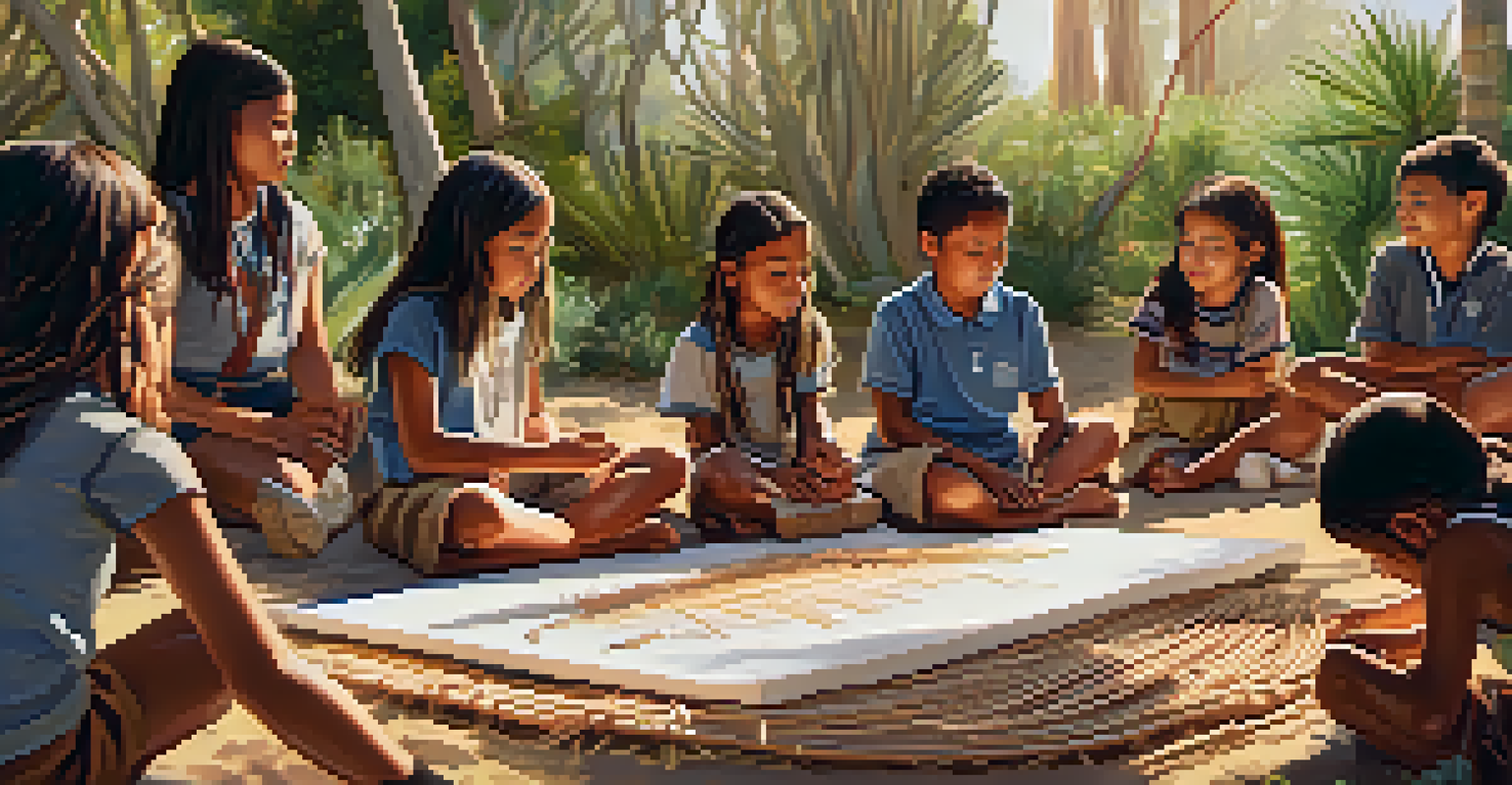 Children learning about Tongva culture from an elder in a park filled with native plants and art.
