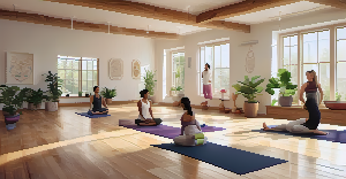 A bright yoga studio with natural light, wooden floors, and plants, featuring a group of diverse individuals practicing yoga together.