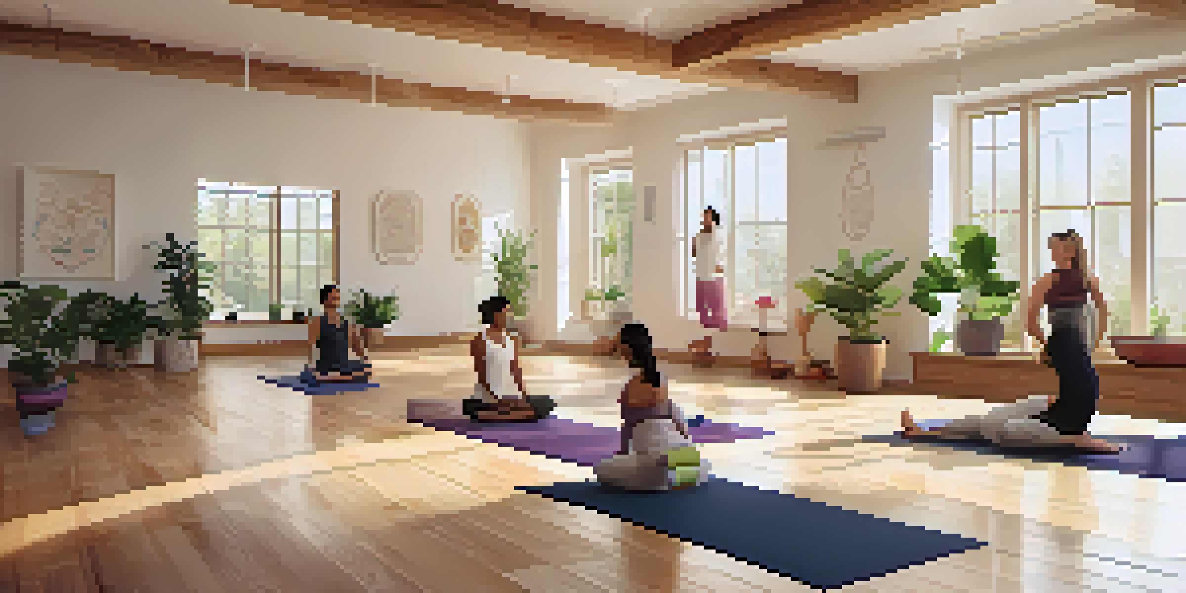 A bright yoga studio with natural light, wooden floors, and plants, featuring a group of diverse individuals practicing yoga together.
