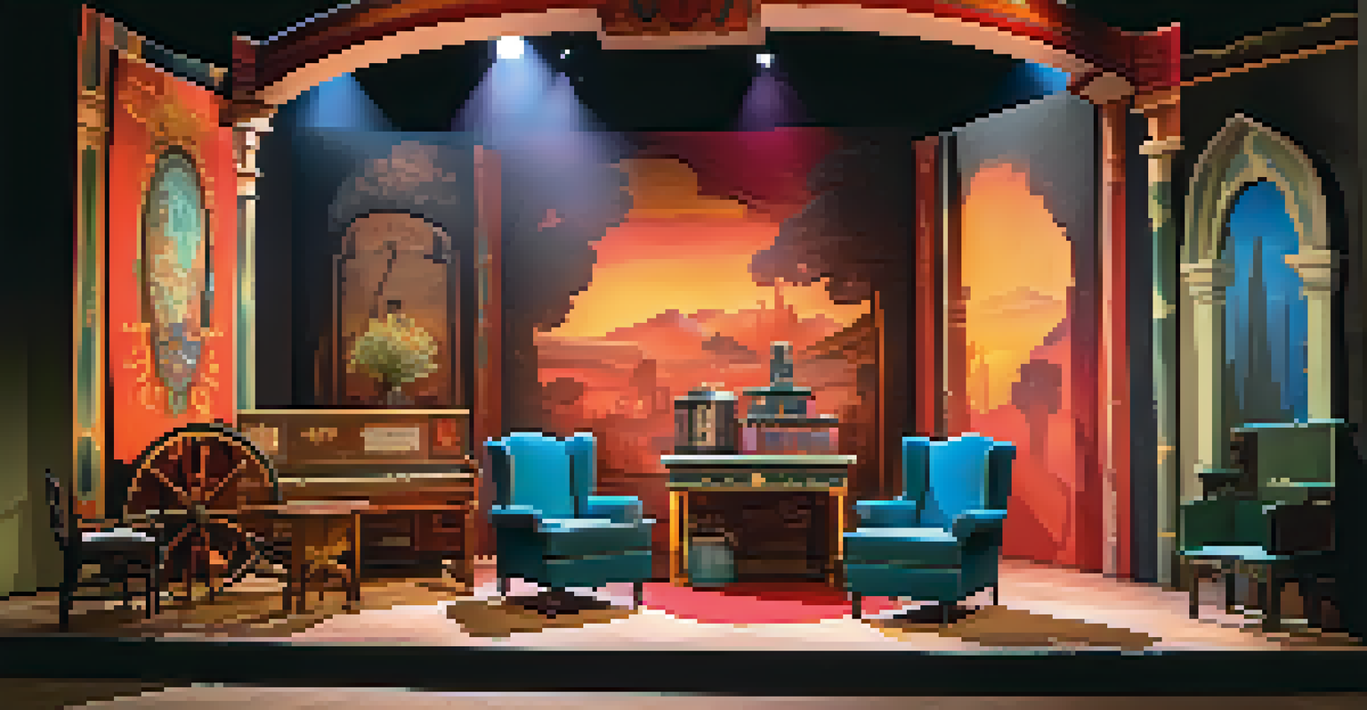 Colorful set design for a theatrical production with dynamic lighting and detailed props.