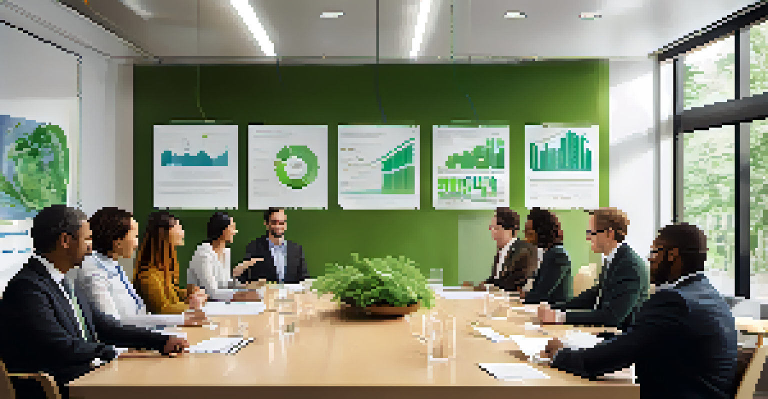 A diverse group of business professionals in a meeting discussing sustainability strategies, with charts on the wall and plants in the background.