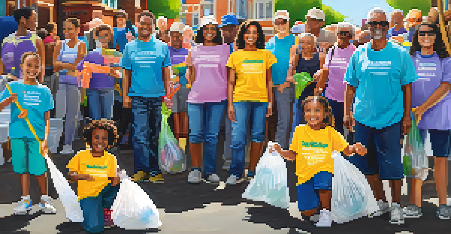 Residents participating in a community clean-up event, smiling and working together with banners in the background.