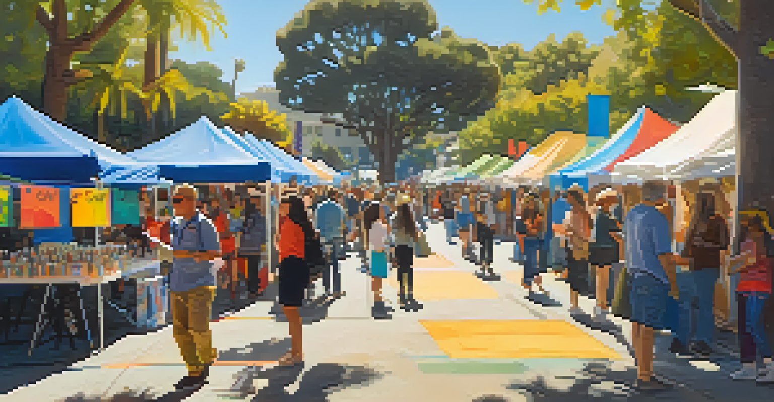 A bustling art festival in Santa Monica with booths of local artists, colorful banners, and attendees engaging in artistic activities under the sunlight.