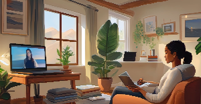 A person engaged in a telehealth therapy session at home, sitting in a cozy chair with a laptop, surrounded by warm lighting and personal items.