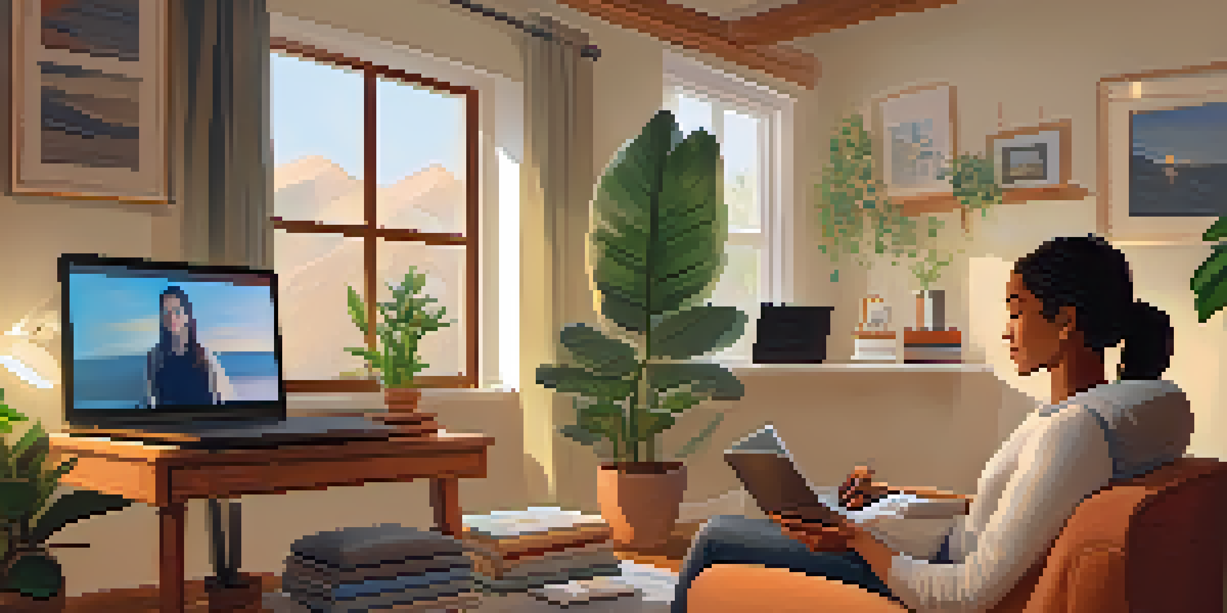 A person engaged in a telehealth therapy session at home, sitting in a cozy chair with a laptop, surrounded by warm lighting and personal items.