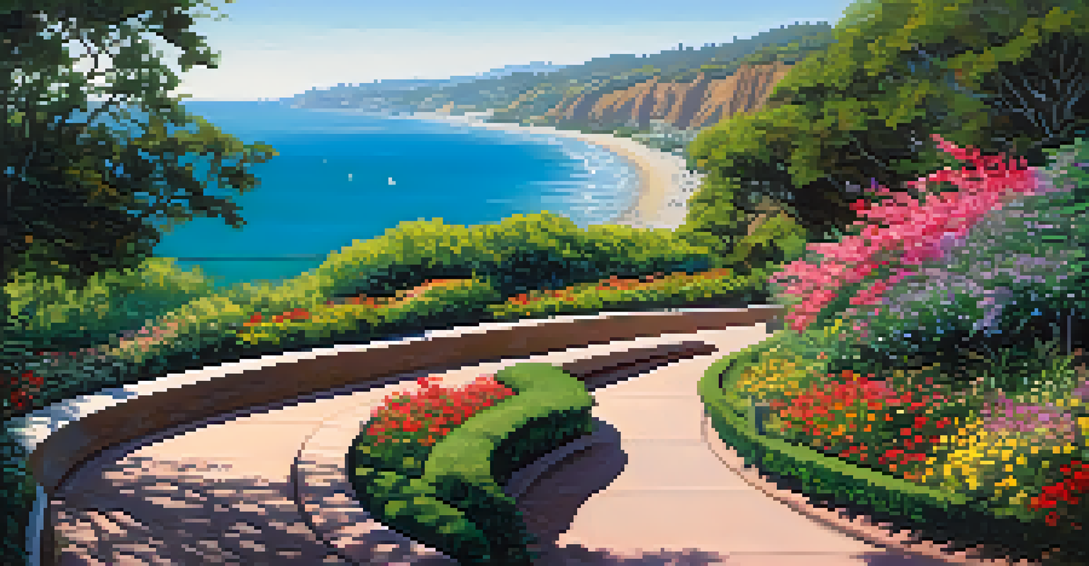 A peaceful view of Palisades Park with lush greenery and ocean cliffs overlooking the Pacific Ocean.
