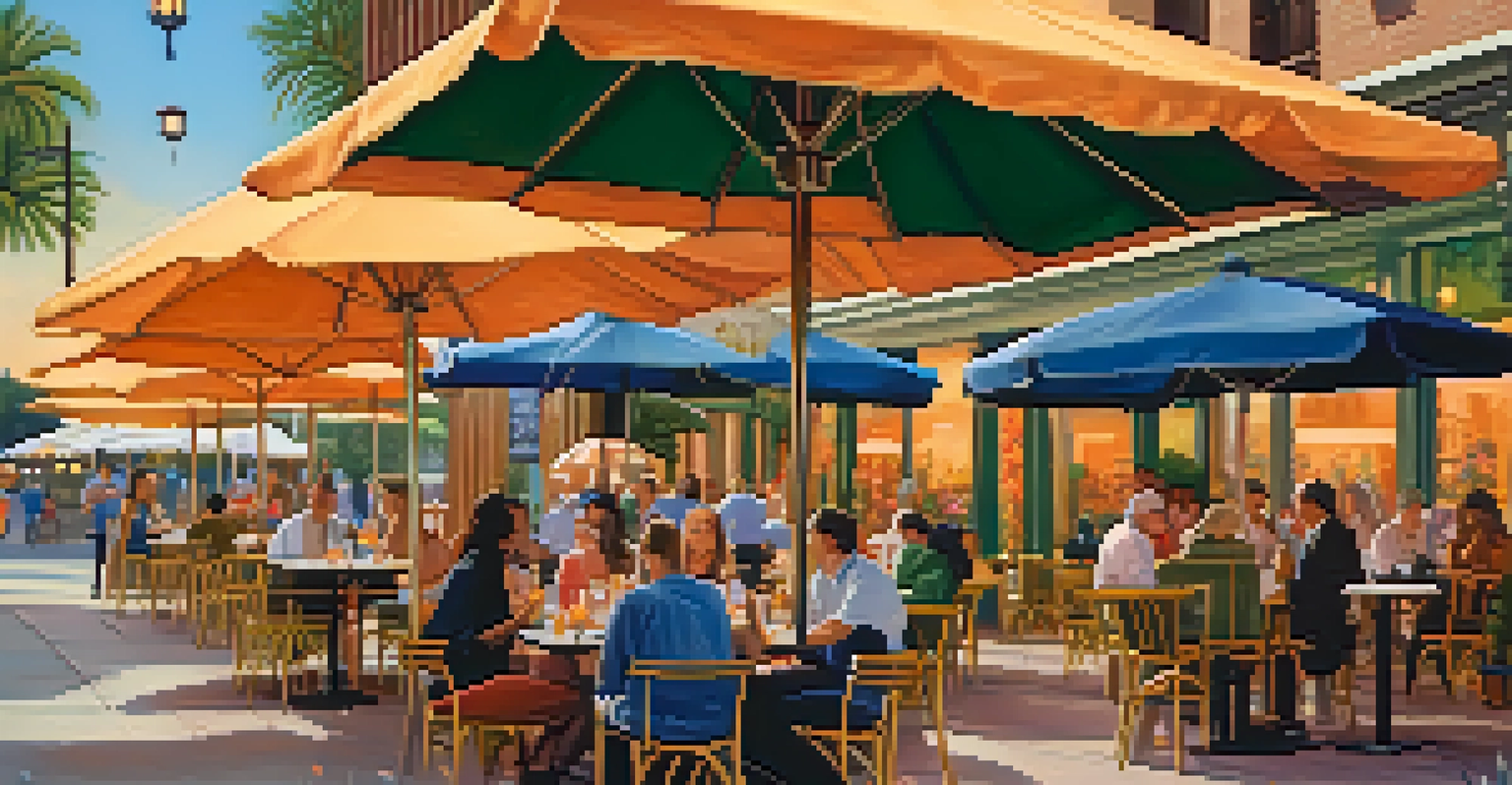 Patrons dining outdoors under colorful umbrellas with trees and flowers in the background during sunset.