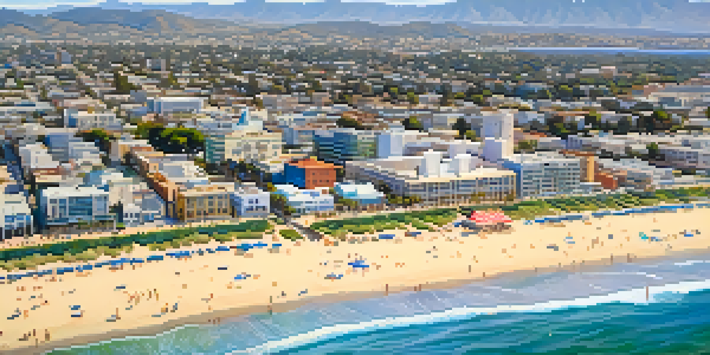 Aerial view of Santa Monica coastline with blue ocean waves and sandy beach, featuring coastal wetlands and Santa Monica Pier in the background.