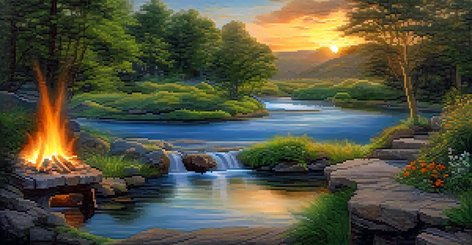 A picturesque landscape showcasing the four elements: fire, earth, air, and water, with a campfire, garden, clouds, and stream in a harmonious setting.